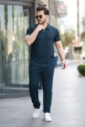 Erkek Yakalı Fermuarlı T-shirt Pantolon Ikili Rahat Takım resmi